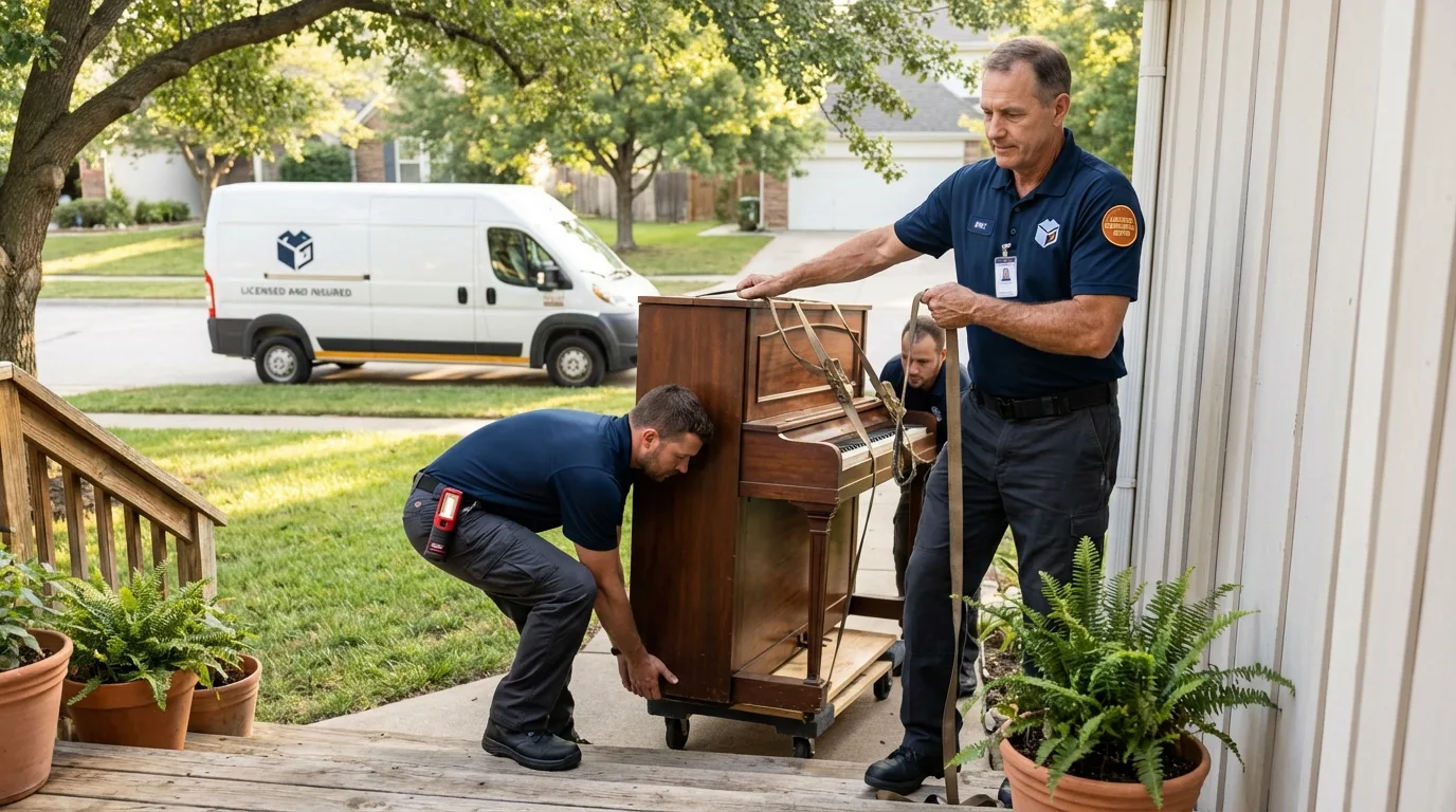Licensed piano movers securing grand piano in Minooka, IL